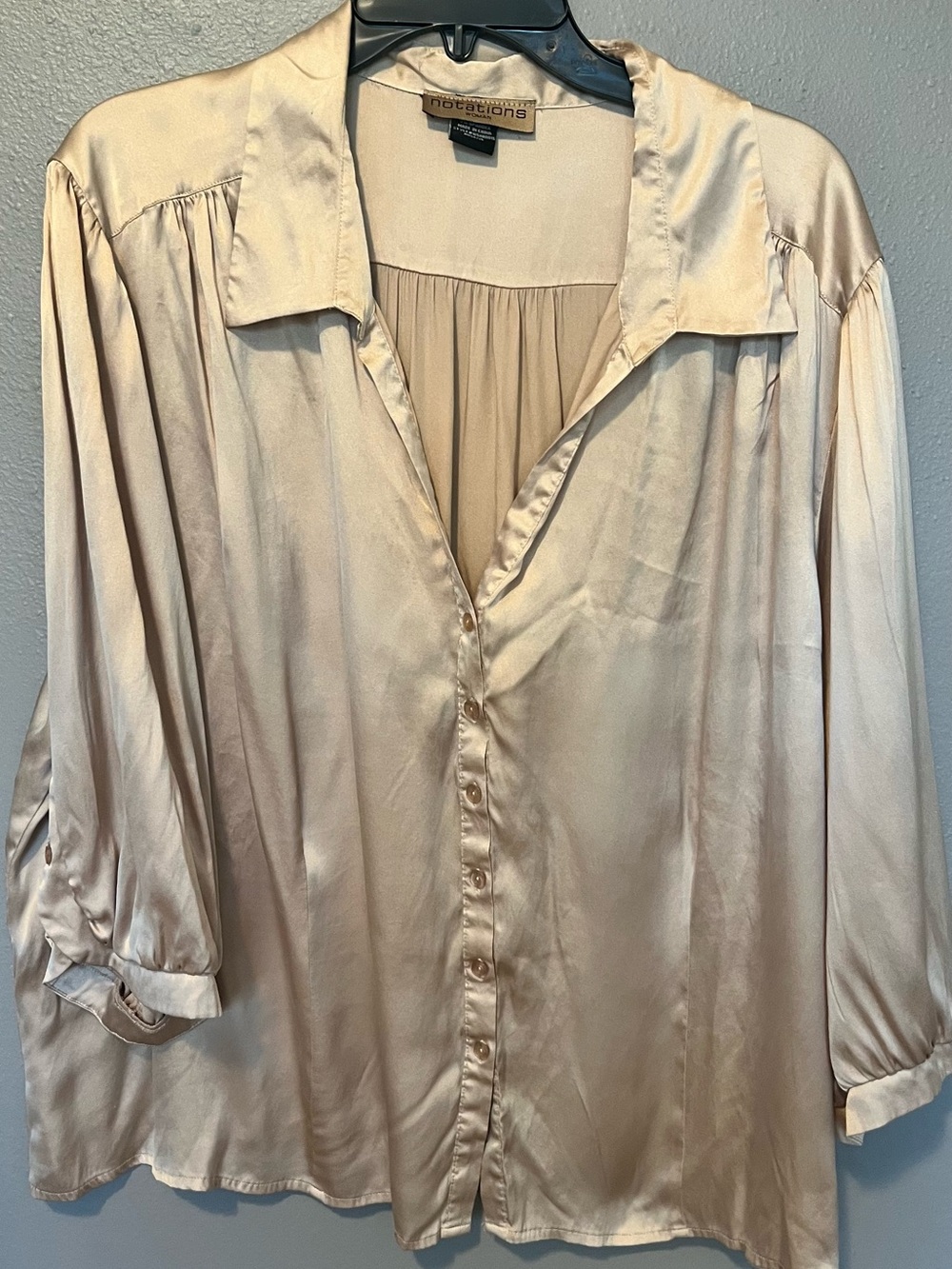 Notations 100% Silk Blend Champagne Satin Blouse 3/4 Sleeve Plus Size 3X